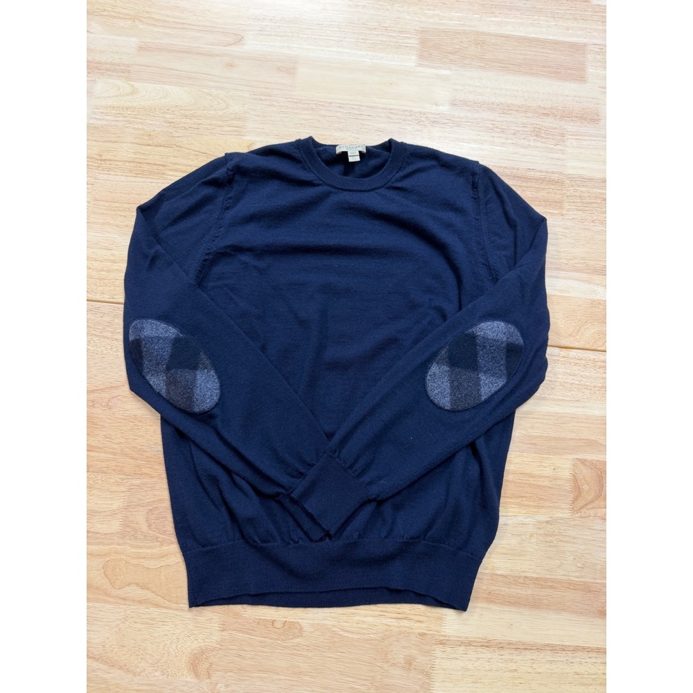 Burberry Men's Crewneck Sweater Navy Blue Extra Fine Merino Wool  XL Check Patch